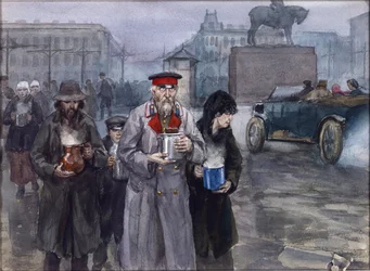 Hungriga år i Petrograd. Tillbaka från ett gemensamt soppkök av Vladimirov, Ivan Alexeyevich (1869-1947). Akvarell, Gouache på papper