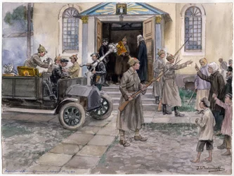 Rekvirering av kyrkans skatter i Petrograd den 5 maj 1922, ur akvarellserien Ryska revolutionen, av Ivan Alexeyevich Vladimirov (1869-1947), 1922
