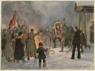 Soldater som bränner målningar (från serien av akvareller ryska revolutionen) - Oeuvre de Ivan Alexeyevich Vladimirov (1869-1947) - 1917 - Akvarell på papper - 25,7x34,5 - Privat samling