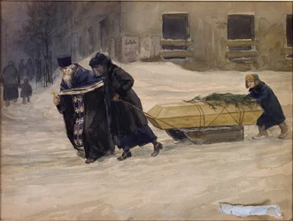 Faderns begravning av Vladimirov, Ivan Alexeyevich (1869-1947). Akvarell, Gouache på papper