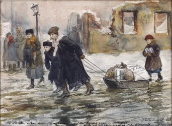 Transportera mat på en släde av Vladimirov, Ivan Alexeyevich (1869-1947). Akvarell, Gouache på papper