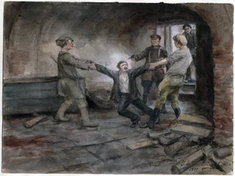 Un detenu emmene pour etre execute - Man hålls och avrättas (från serien av akvareller ryska revolutionen) - Vladimirov, Ivan Aleksijevitj (1869-1947) - 1919 - Akvarell på papper - 25,7x34,5 - Privat samling