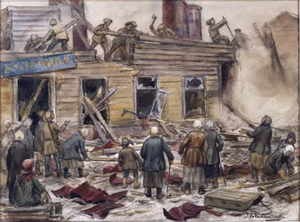 Arbetare som river trähus för bränsle av Vladimirov, Ivan Alexeyevich (1869-1947). Akvarell, Gouache på papper