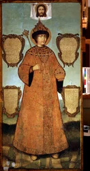Hellängdsporträtt av tsar Fjodor Aleksijevitj (1661-1682) (Porträtt av tsar Fjodor Aleksijevitj). Målning av Ivan Artemyev Bezmin (?-cirka 1690). Tempera på trä, 244 x 119 cm, cirka 1680, rysk konst från 1600-talet. State Museum of History, Moskva. ©FineAr