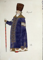 Kostymskiss till operan Den gyllene tuppen av Nikolaj Rimskij-Korsakov (1844-1908), teckning av Ivan Jakovlevitj Bilibin (1876-1942)