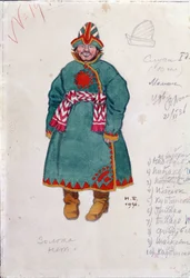 Kostymteckning för operan ""Sagan om Tsar Saltan"" av Nicholas (Nikolai) Rimsky Korsakov (Rimsky-Korsakov) (1844-1908) (Dräktdesign för operan Sagan om Tsar Saltan av N. Rimsky-Korsakov (Rimsky) Korsakov). Teckning av Ivan Yakolevich Bilibin