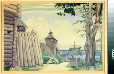 Förberedande teckning till operan ""Prince Igor"" av Alexandre Borodin (1833-1887) (Scenografi för operan Prince Igor av A. Borodin). Teckning av Ivan Yakolevich Bilibin (Bilibin) (1876-1942). Akvarell på papper, 24 x 37 cm