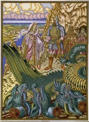 Dobrynia Nikitich räddar Zabava Putyatishna från draken Gorynych. (Dobrynya Nikitich räddar Zabava Putyatishna från Draken Gorynych). Traditionell folksaga från Kievan Rus. Verk av Ivan Yakovlevich Bilibin (Bilibin) (1876-1942), akvarell och gouac