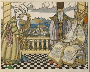 Illustration till sagan “Den gyllene tuppen” av Aleksandr Pusjkin (1799-1837). Verk av Ivan Yakovlevich Bilibin (1876-1942)