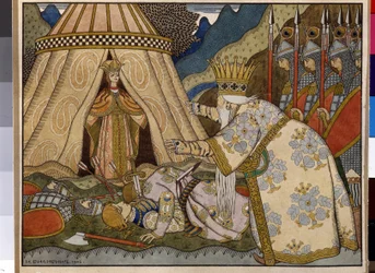 Illustration till sagan „Den gyllene tuppen“ av Aleksandr Pusjkin (1799-1837). Illustration av Ivan Jakovlevitj Bilibin (Bilibine) (1876-1942).