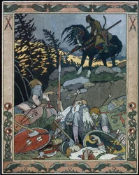 Illustration till sagan Maria des mers (Illustration till sagan Marya Morevna). Prins Ivan upptäcker armén besegrad av Maria Morevna, krigardrottningen. Verk av Ivan Yakovlevich Bilibin (Bilibin) (1876-1942), akvarell och bläck på papper