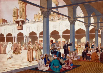 Innergården till Al-Azhar University i moskén med samma namn i Kairo, Egypten (Courtyard of the Al Azhar Mosque and University, Cairo) - Verk av Ivan Yakovlevich Bilibin (Bilibin) (1876-1942), akvarell och gouache på kartong