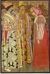 Bågskyttens fru före tsaren och hans följe, illustration från den ryska berättelsen ""Gå jag vet inte vart, ta tillbaka jag vet inte vad"" (Bågskyttens fru före tsaren och hans följe) - Målning av Ivan Yakolevich Bilibin (Bilibin) (1876-1942)