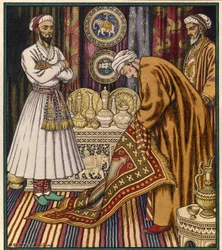Prins Ali köper en magisk matta. Illustration för en arabisk berättelse. (Prins Ali köper en matta). Målning av Ivan Yakolevich Bilibin (Bilibin) (1876-1942). Akvarell på papper. Sankt Petersburg, Ryska statens museum.