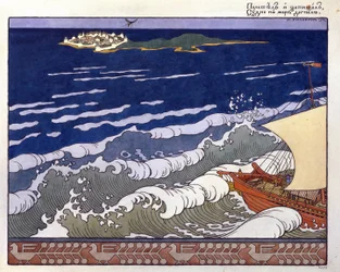 Båten går mot en ö, guidad av en humlors flygning. Illustration till ""Tale of Tsar Saltan"" av Alexander Pushkin (1799-1937). Verk av Ivan Yakovlevich Bilibin (Bilibin) (1876-1942), akvarell och gouache på papper