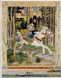 Prins Ivan (Ivan Tsarevitj). Hjälte i den ryska folktrons legender, ridande på en vit häst genom skogen, flyende från ett slott och hållande Vasilisa den Allraskönaste i sina armar. Illustration av Ivan Jakovlevitj Bilibin (Bilibin) (1876-1942), akvarell