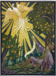 Prinsen tar tag i en fjäder från eldfågeln. Illustration till berättelsen ""Ivan Tsarevich, eldfågeln och den grå vargen"". Verk av Ivan Yakovlevich Bilibin (Bilibin) (1876-1942), akvarell och gouache på papper. Rysk konst, 1900-talet, symbolik.