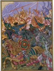 Utvisningen av Khan Batu (cirka 1205-1255) (Utdrivningen av Batu Khan). Batou, mongolisk tartarhövding för den gyllene horden på stäpperna i Ryssland. Verk av Ivan Yakovlevich Bilibin (Bilibin) (1876-1942), akvarell och gouache på papper