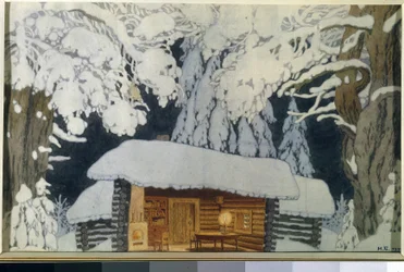 Trähus i den snöiga skogen. Deco för pjäsen ""Commander Suvorov"". Verk av Ivan Yakovlevich Bilibin (Bilibin) (1876-1942), akvarell och gouache på papper