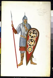 En rysk krigare på 1100-talet. Kostym för operan ""Prince Igor"" av Alexander Borodin (1833-1887) (rysk krigare. Kostymdesign för operan Prince Igor av A. Borodin). Målning av Ivan Yakolevich Bilibin (Bilibin) (1876-1942)