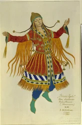 En polovtsisk (eller Couman, Kuman) shamandansare. Kostym för operan ""Prince Igor"" av Alexandre Borodin (Borodin) (1833-1887). Verk av Ivan Yakovlevich Bilibin (Bilibin) (1876-1942), akvarell på papper