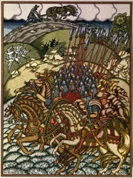 Volga Sviatoslavich (Vseslav de Polotsk (vers 1039-1101), storprins de Kiev de 1068 a 1069) och Mikula Selyaninovich (?). Oeuvre av Ivan Yakovlevich Bilibin (Bilibin) (1876-1942), litografi