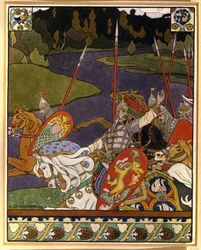 Volga Svyatoslavich och hans armé. (Volga Svyatoslavich och hans armé). Illustration för mytiska epos inspirerade av nordrysk folklore. Verk av Ivan Yakovlevich Bilibin (Bilibin) (1876-1942), litografi