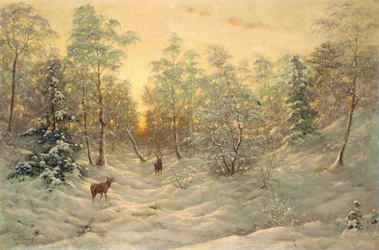 Rådjur i ett snöigt landskap i skymningen