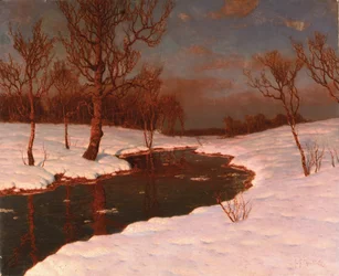 Solnedgång på ett snöigt flodlandskap