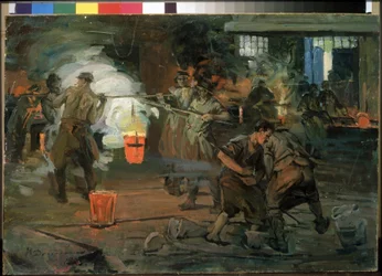 ""Arbetare i en gjuteriverkstad"" Målning av Ivan Georgievich Drozdov (1880-1939) 1923 Statens ryska museum Sankt Petersburg