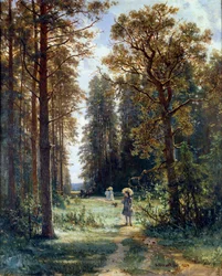 Stig genom skogen Rensa landskap i en skog. Målning av Ivan Ivanovich Shishkin (1832-1898) 1880 St. Petersburg, Eremitagemuseet