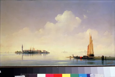 Den venetianska lagunen, utsikt över ön San Giorgio Maggiore (Saint-Georges-Majeur, Saint Georges Major) (Den venetianska lagunen, utsikt över San Giorgio Maggiore). Målning av Ivan Konstantinovich Aivazovsky (Ivan Konstantinovitch Aivazovsky