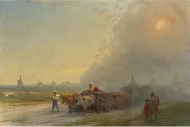 "Ox-kärror i den ukrainska stäppen" (Ox-kärror i den ukrainska stäppen) Målning av Ivan Constantinovich Aivazowski (Aivazovsky 1817-1900) 1888 - Olja på duk Dim 26x38,7 cm Privat samling