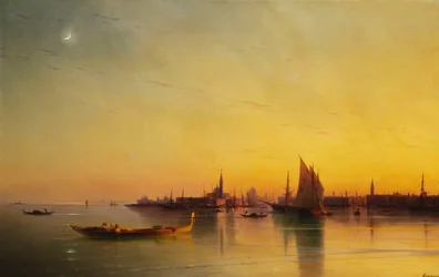 Venedig från lagunen vid solnedgången