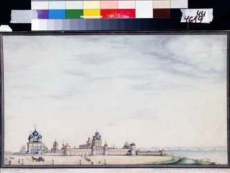 Utsikt över Rostov, Kreml. (Utsikt över Rostov Kreml). Målning av Ivan Mikhaylovich Belogonov (1800-1871). Akvarell och tusch på papper