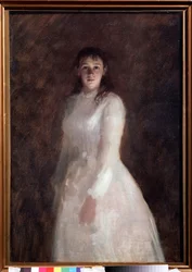 Porträtt av en ung dam (Porträtt av en ung dam). (klädd i en lång vit klänning). Målning av Ivan Nikolajevitj Kramskoj (1837-1887), olja på duk. rysk konst