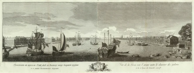 Utsikt över floden Neva mellan Galley Yard och Vasilyevsky Island Book till 50-årsdagen av St Petersburg, 1753