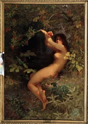 Eva med ett granatäpple. Naken och förförisk Eva i Edens lustgård, plockande kunskapens frukt. Målning av Ivan Petrovich Keler-Viliandi (1826-1899)