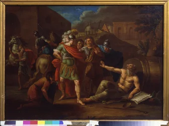 Alexander den store (Alexander III av Makedonien, 356-323 f.Kr.) besöker Diogenes (Diogenes från Sinope eller cynikern, cirka 413-cirka 327 f.Kr.) i Korinth (Grekland)