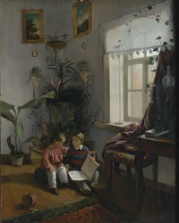 I rummet. Unga pojkar tittar på bok, 1854
