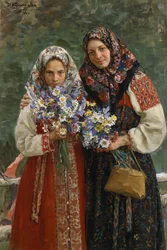 Vilda blommor. (Ängsblommor). En mor och hennes dotter, eleganta i sina folkloristiska klänningar med en färgglad halsduk som täcker håret, håller en bukett vilda blommor i sina händer. Målning av Ivan Semyonovich Kulikov (Koulikov) (1875