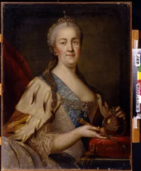 Porträtt av kejsarinnan Katarina II (1729-1796). Målning av Ivan Semyonovich Sablukov (1735-1777), olja på duk, cirka 1770. Rysk konst från 1700-talet. Statens konstmuseum, Nizhny Novgorod (Ryssland).