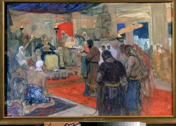 Egyptisk antikvitet: "en farao framför sitt hov", ca 1900