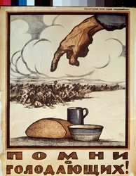 Remember the Hungry ! (En hand pekar på en skara hungriga människor, klädda i trasor, som går mot en limpa bröd och en tallrik soppa) - Remember the Hungry ! (Affisch) - Affisch av Ivan Vasilievich Simakov (1877-1925), litografi