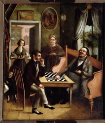 ""Schackspelarna"" Grupp ryska borgare i en interiör. Målning av Ivan Stepanovich Doshchennikov (1812-1893) 1840-1850 State Art Gallery, Perm, Ryssland