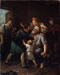 Krigarens återkomst (Homecoming Warrior). En soldat återvänder hem och kastar sig i famnen på sin gamle far. Hela familjen uttrycker sin glädje och lättnad över att se honom vid liv. Målning av Ivan Vasilyevich Luchaninov (1781-1824), olja på t.