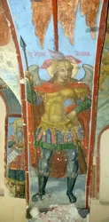 Ärkeängeln Sankt Mikael - Fresk av Ivan Yakovlevich Bakhmatov (aktiv tidigt 1700-tal), fresk i katedralen Our Lady of the Sign i Novgorod (Ryssland) - (Saint Michael the Archangel, Fresk av Ivan Yakovlevich Bakhmatov, i Cathedral of Our Lady