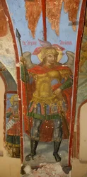 Ärkeängeln Sankt Mikael. Fresk i katedralen Our Lady of the Sign, Novgorod, tidigt 1700-tal.