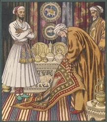 Prins Ali köper en matta. Illustration för arabiska sagor