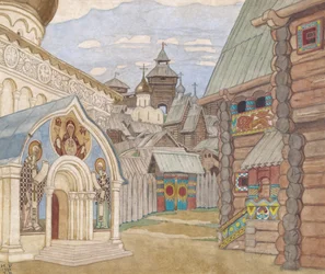 Ryska byn. Scenografi för operan Sagan om Tsar Saltan av N. Rimsky-Korsakov